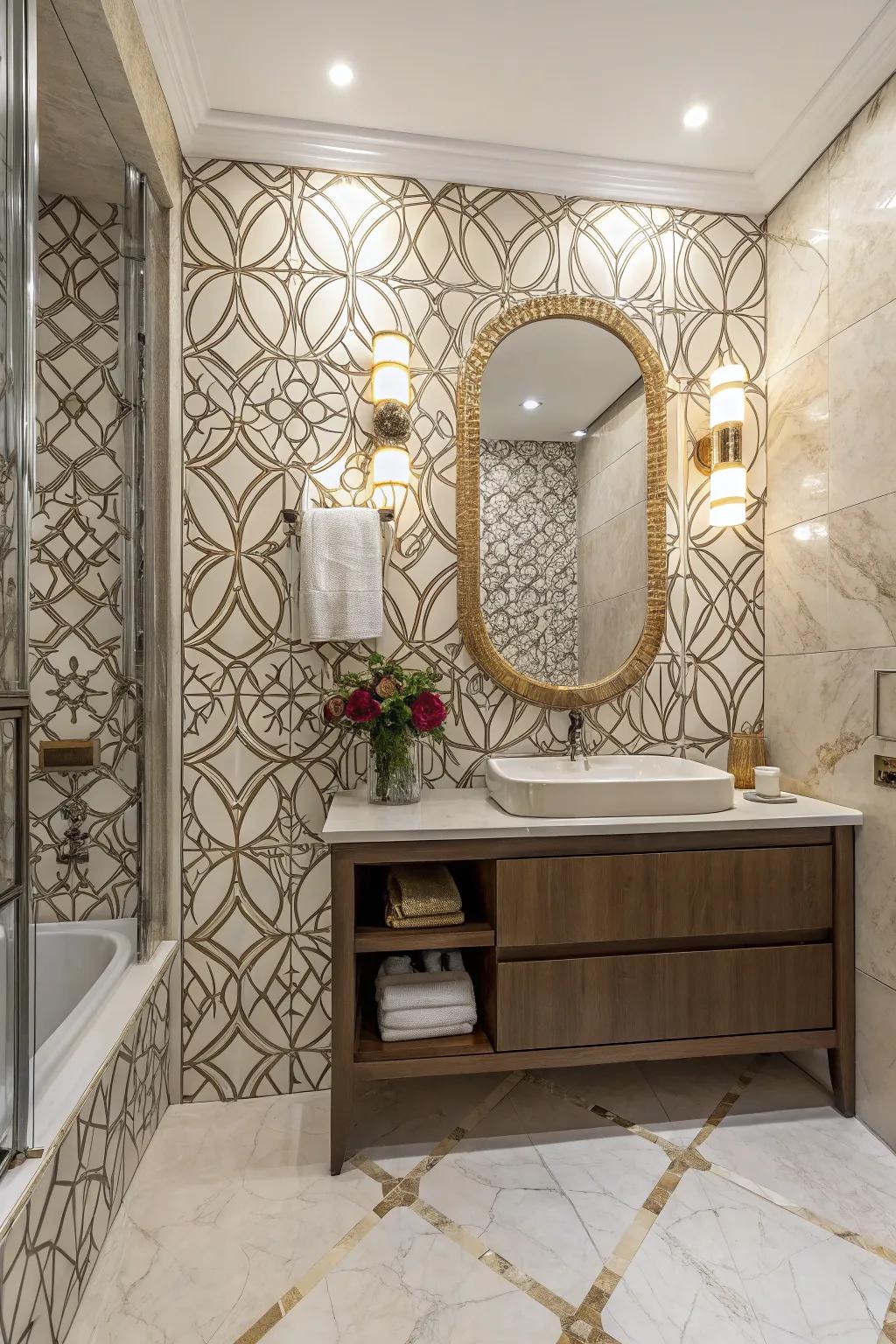 A captivating emphasized wall showcasing elaborate limestone-effect porcelain tile patterns.