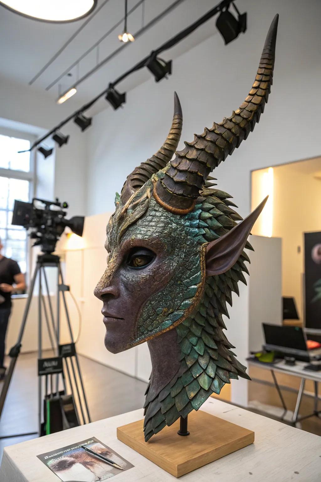 A fantasy mask sculpture that enlivens mythical narratives.