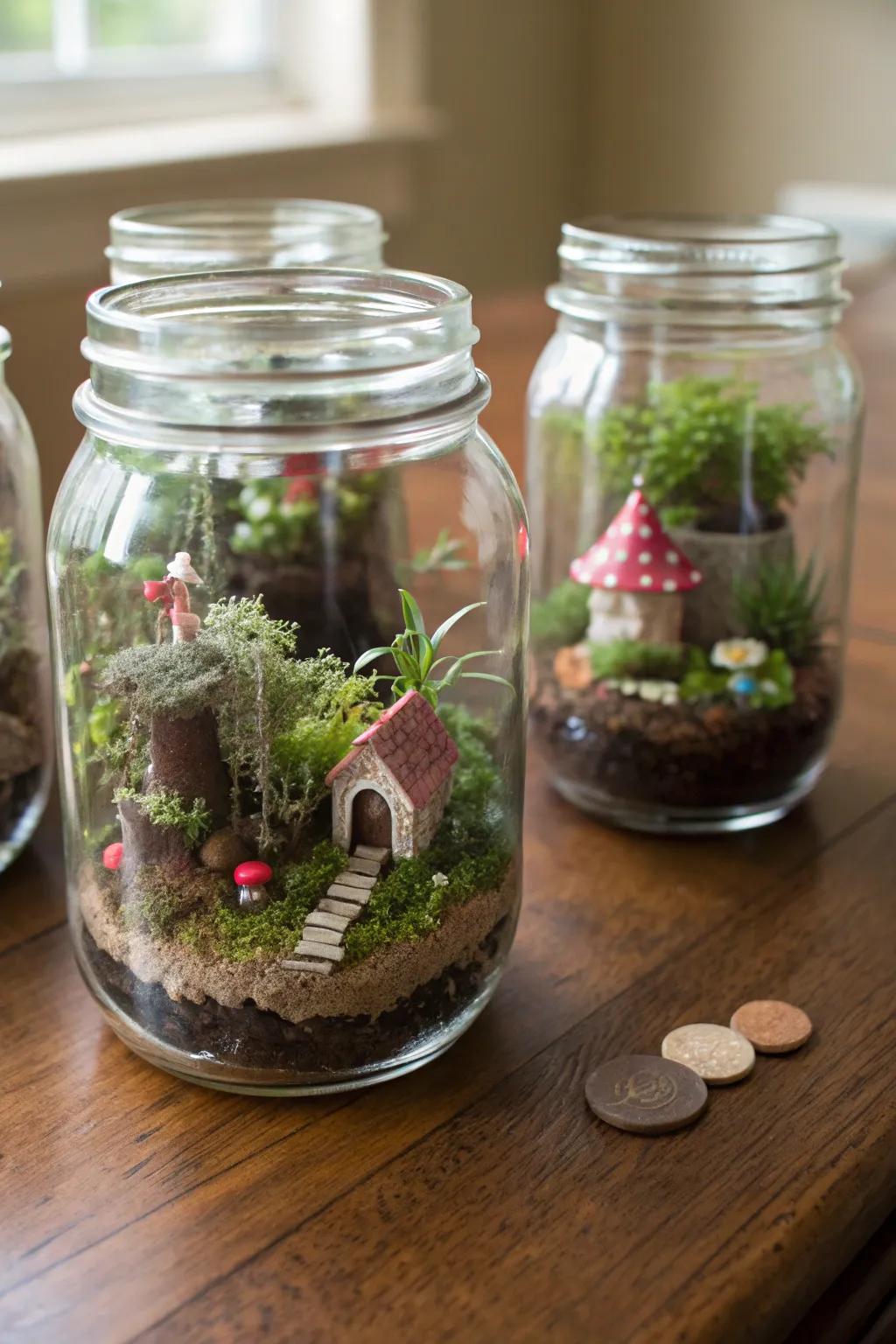Design captivating miniature worlds with small gardens inside glass jars.
