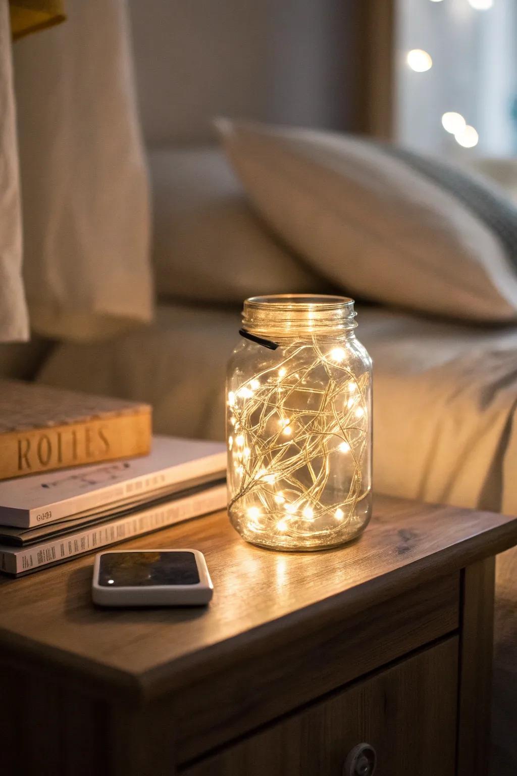 Enchanting radiance emanating from repurposed jar sparkle lights.