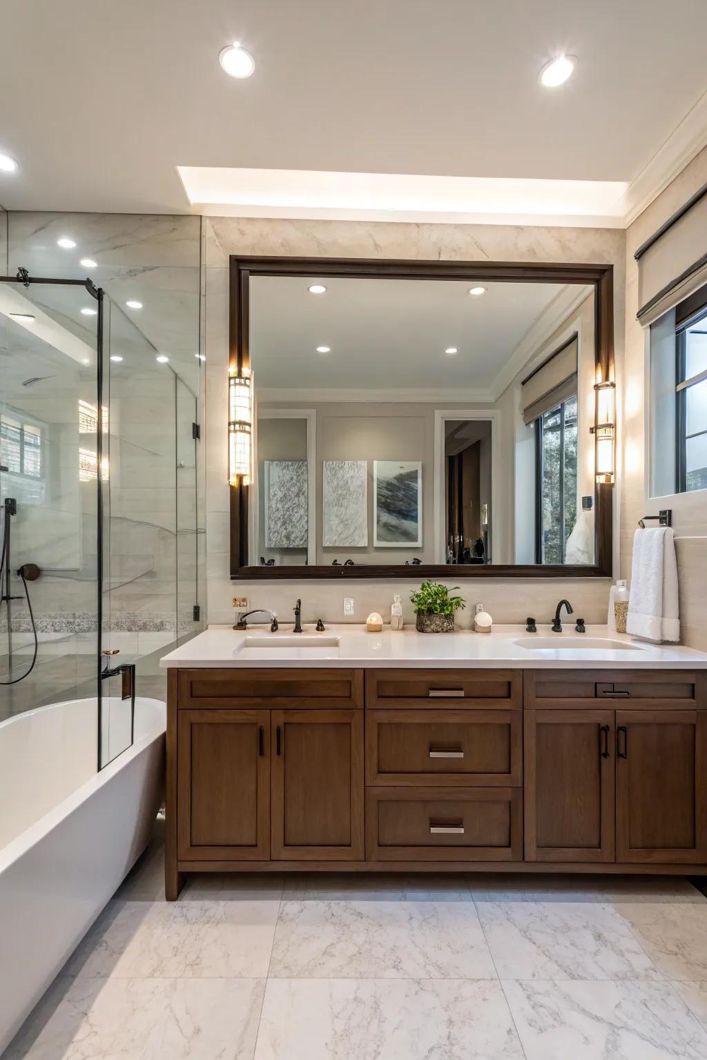 A primary bathroom featuring an expansive rectangular mirror positioned above the vanity.