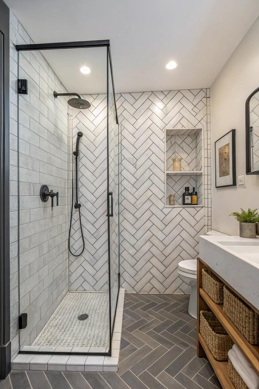 A shower stall exhibiting chevron patterned pavers, presenting a synthesis of traditional and modern styles.