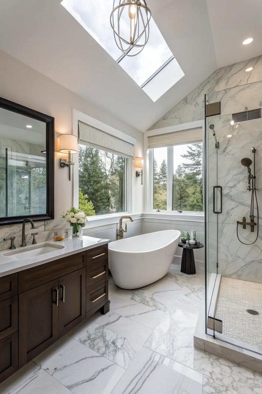 A freestanding tub presents a lavish addition to your shower space.