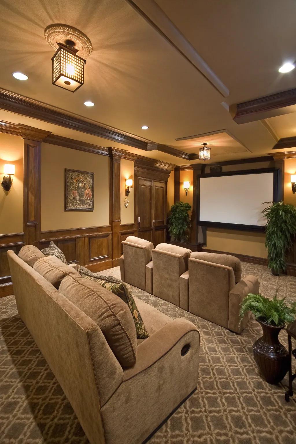 An inviting media room featuring natural-toned walls, radiating warmth and comfort.