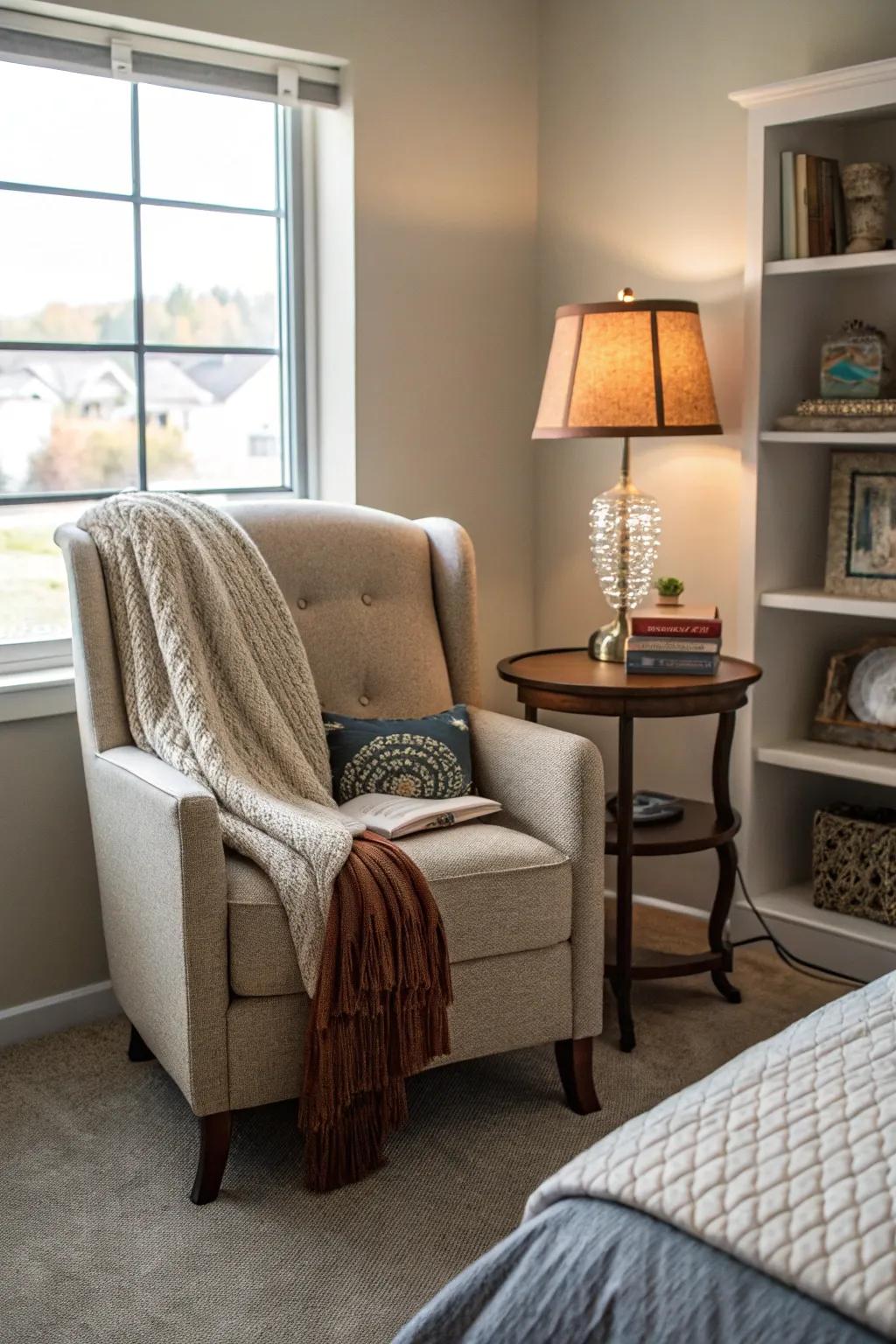 A cozy bedroom corner featuring a lounge chair and a small table.