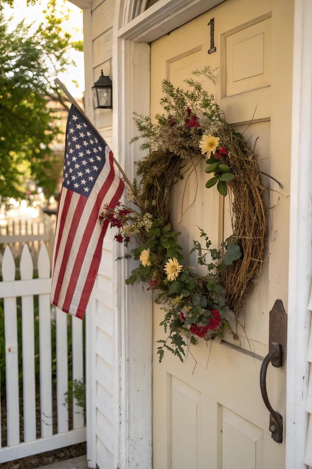 A heritage-inspired wreath showcasing a vintage American flag.