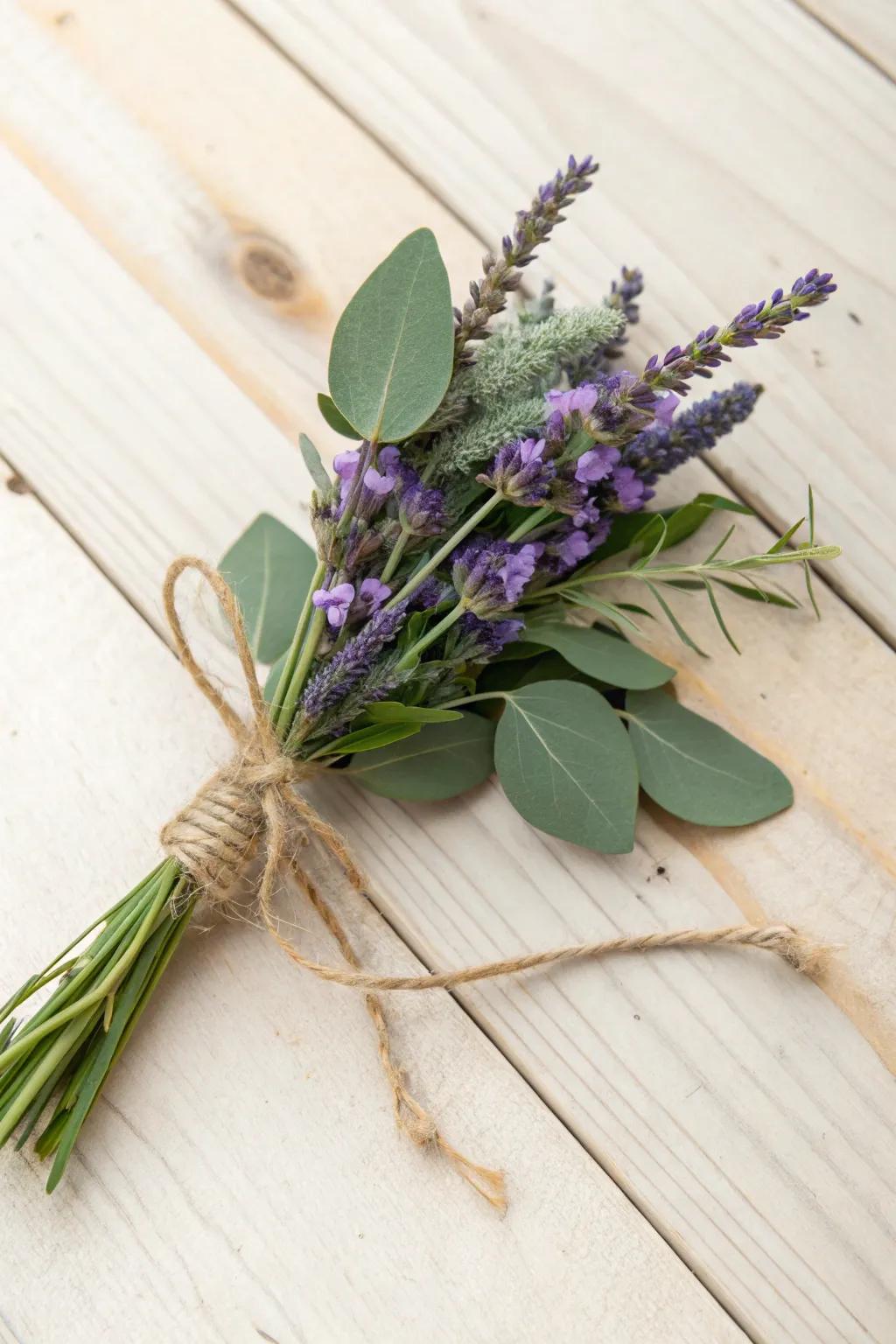 Lavender and eucalyptus fashion a revitalizing and fragrant boutonniere.