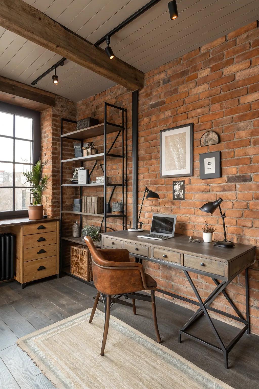 Industrial components establish a striking declaration in this home-based office setting.