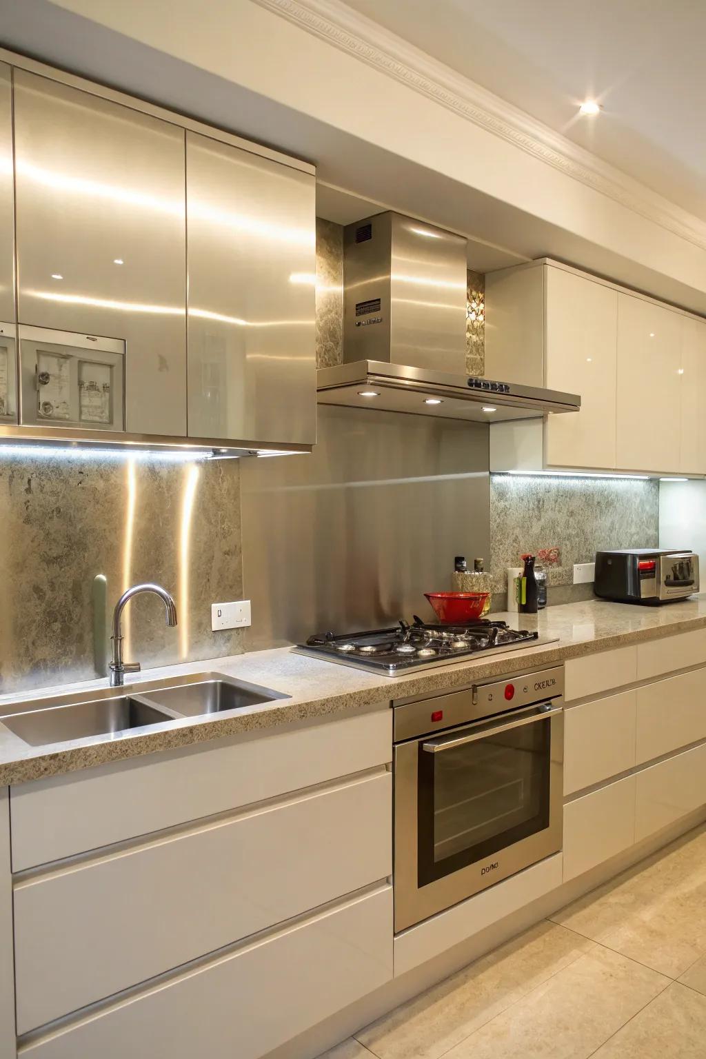 A kitchen fitted with a smooth LusterWall sheet metal backsplash.