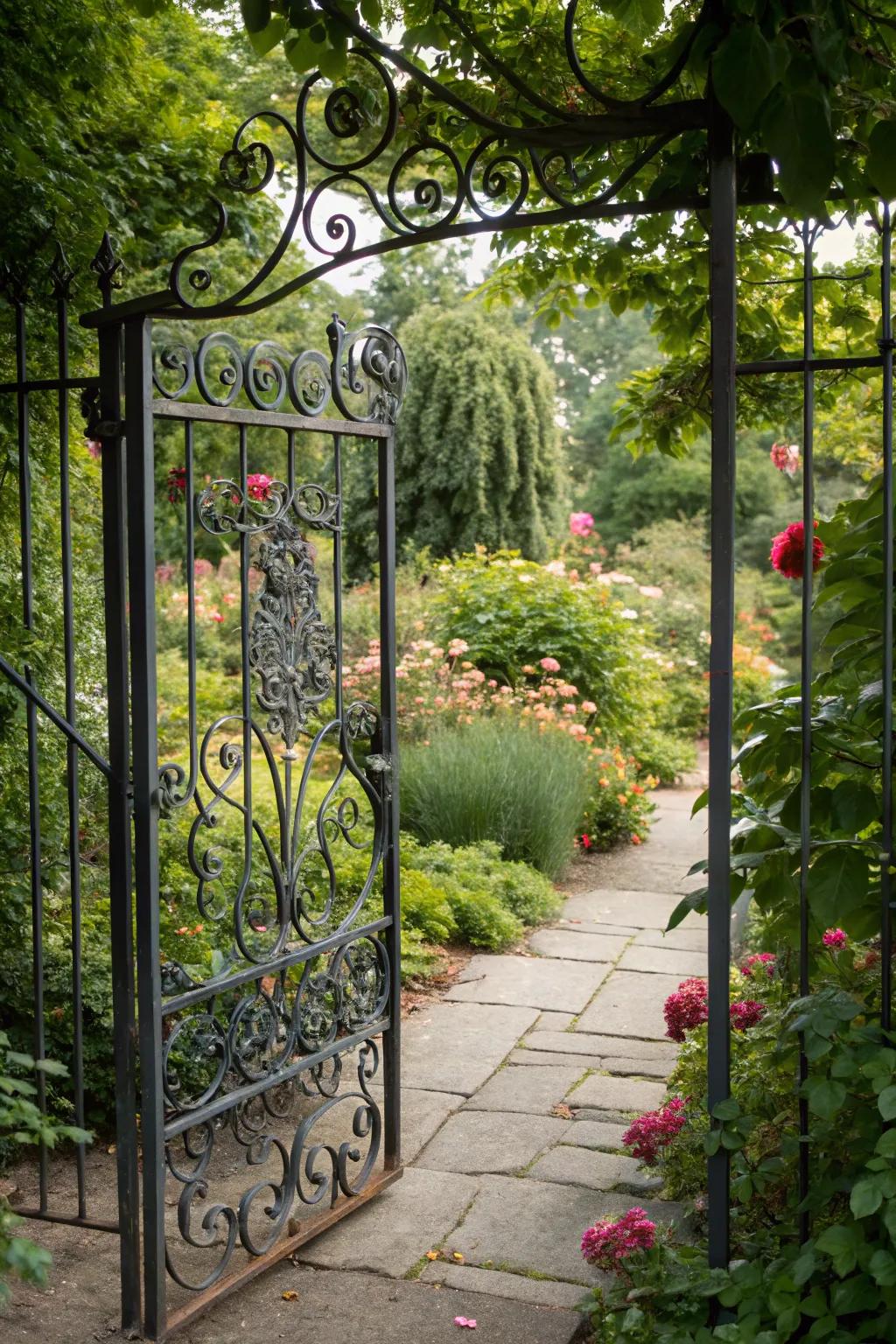 An exquisite metal gate adorned with intricate scrollwork, projecting timeless charm.