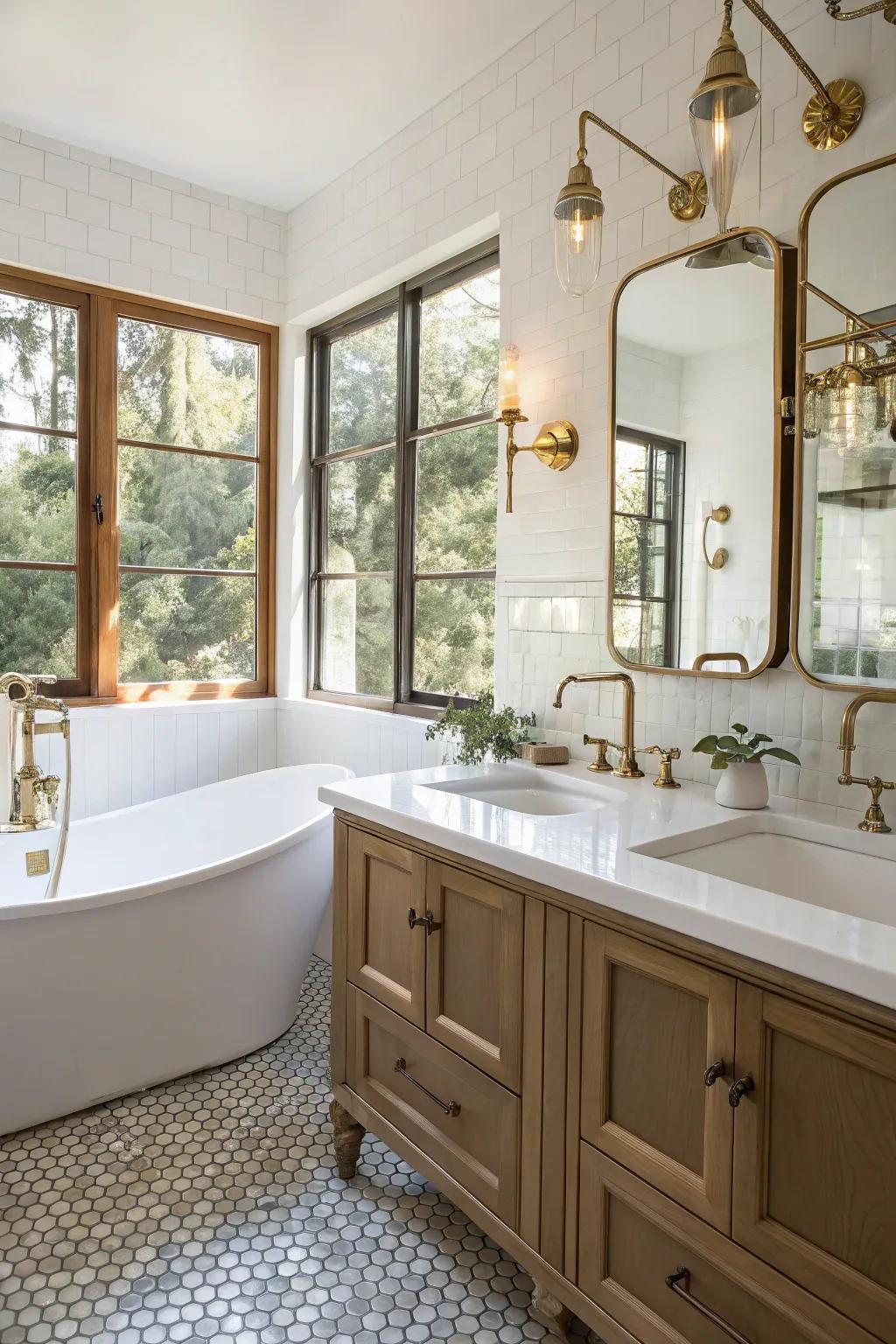 Brass fixtures cast a sophisticated shimmer across the bathroom.