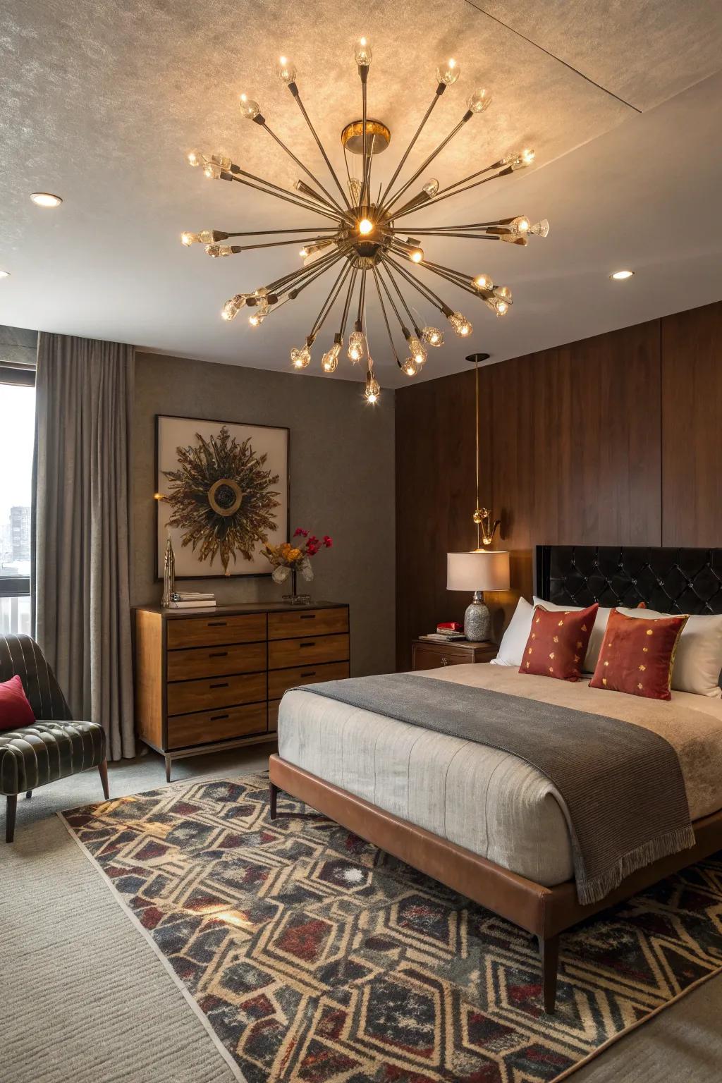 A captivating starburst chandelier illuminates this mid-century modern bedroom.