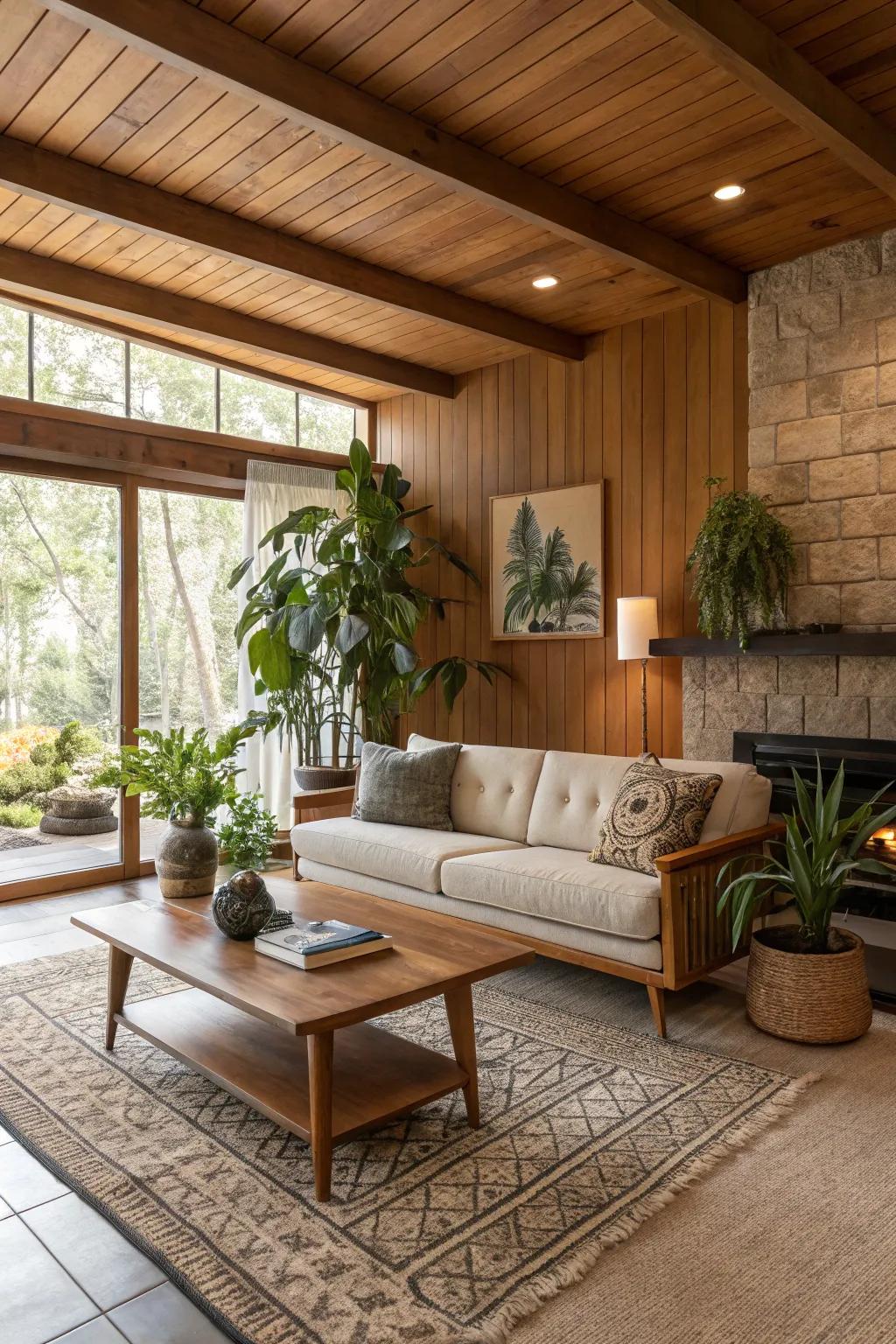 Natural wood finishes enrich this mid-century modern space with warmth and organic texture.