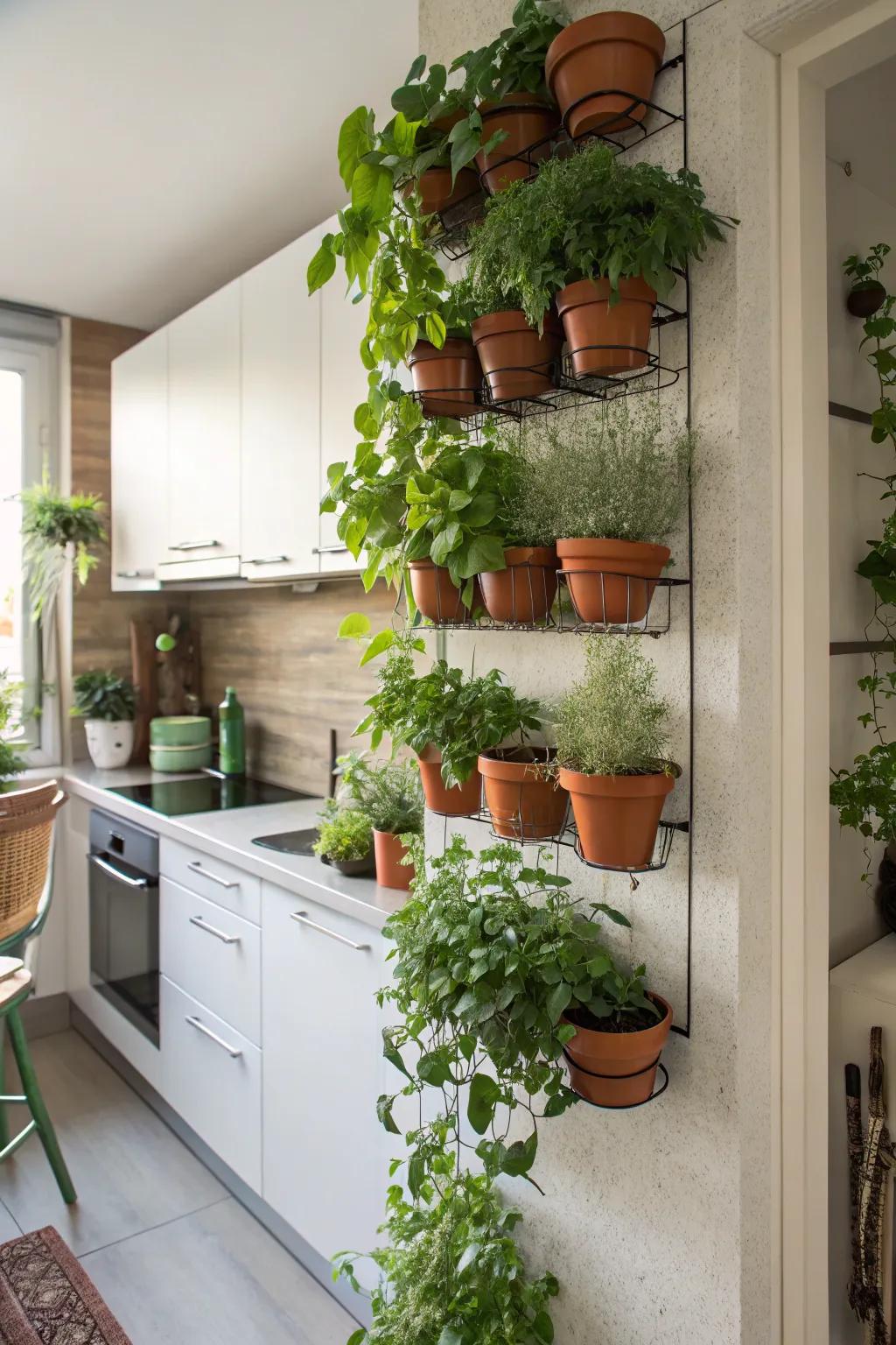 A practical and visually pleasing vertical garden showcasing culinary herbs.