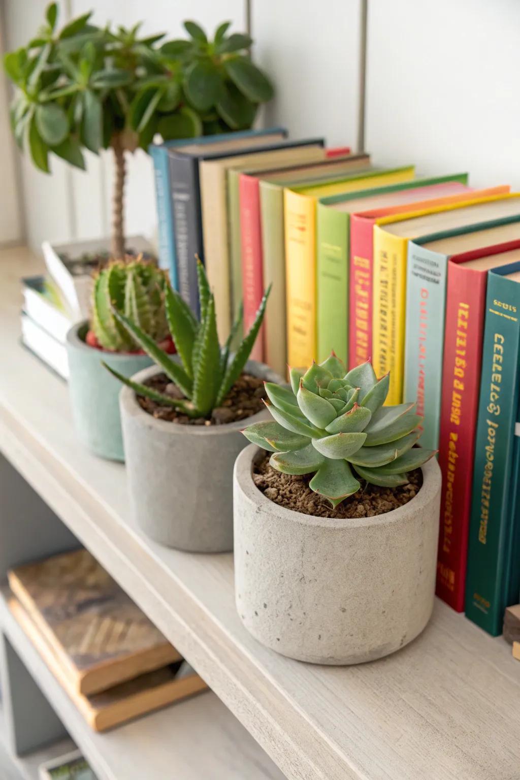 Succulents function as both refined and utilitarian book-securing elements.