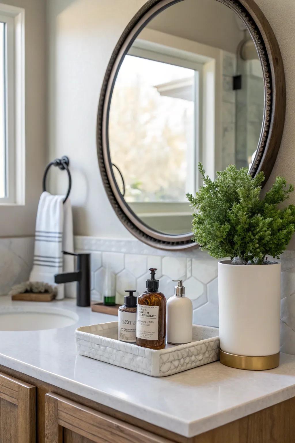 A circular reflector serves as a stylish focal point in the bathroom.