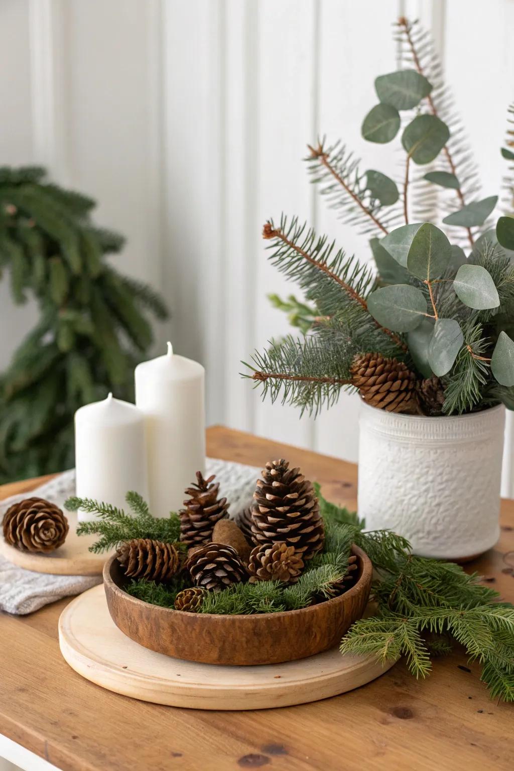 Organic components, such as pinecones and eucalyptus, enhance the minimalist Christmas decorations.