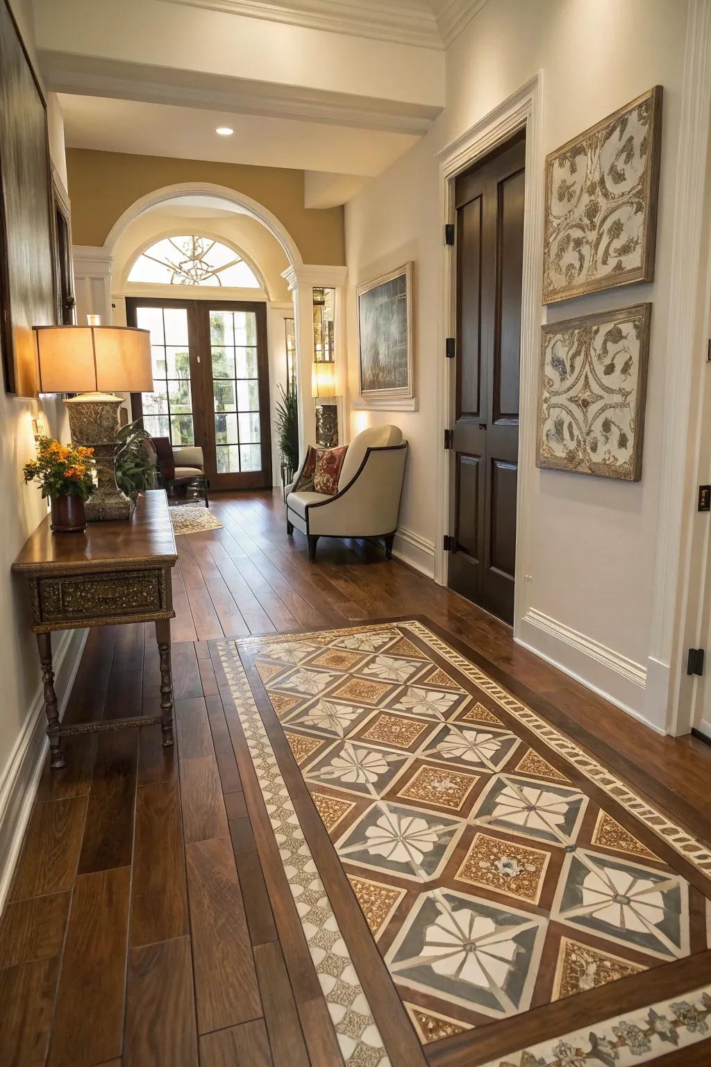 Patterned paneling and solid wood fashion a striking entryway declaration.