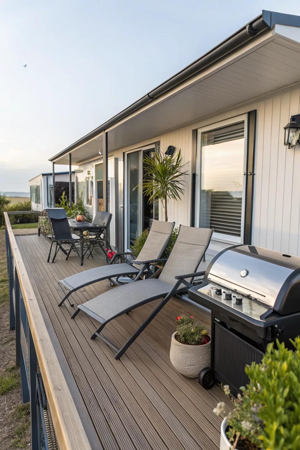 A chic patio featuring lounge seating and a barbecue, ideal for open-air recreation.
