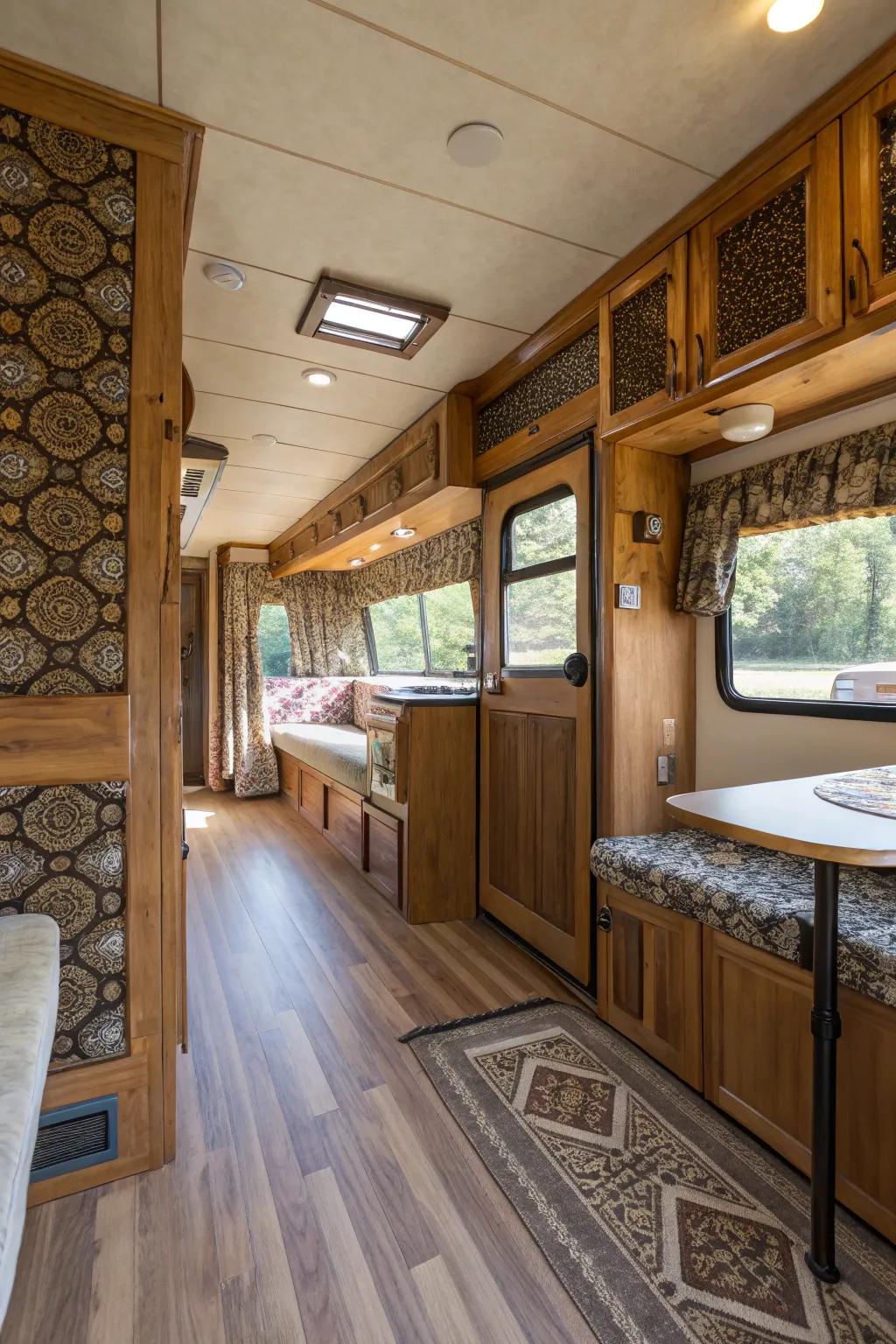 Your mobile home's interior design can be warmed up with wood elements.