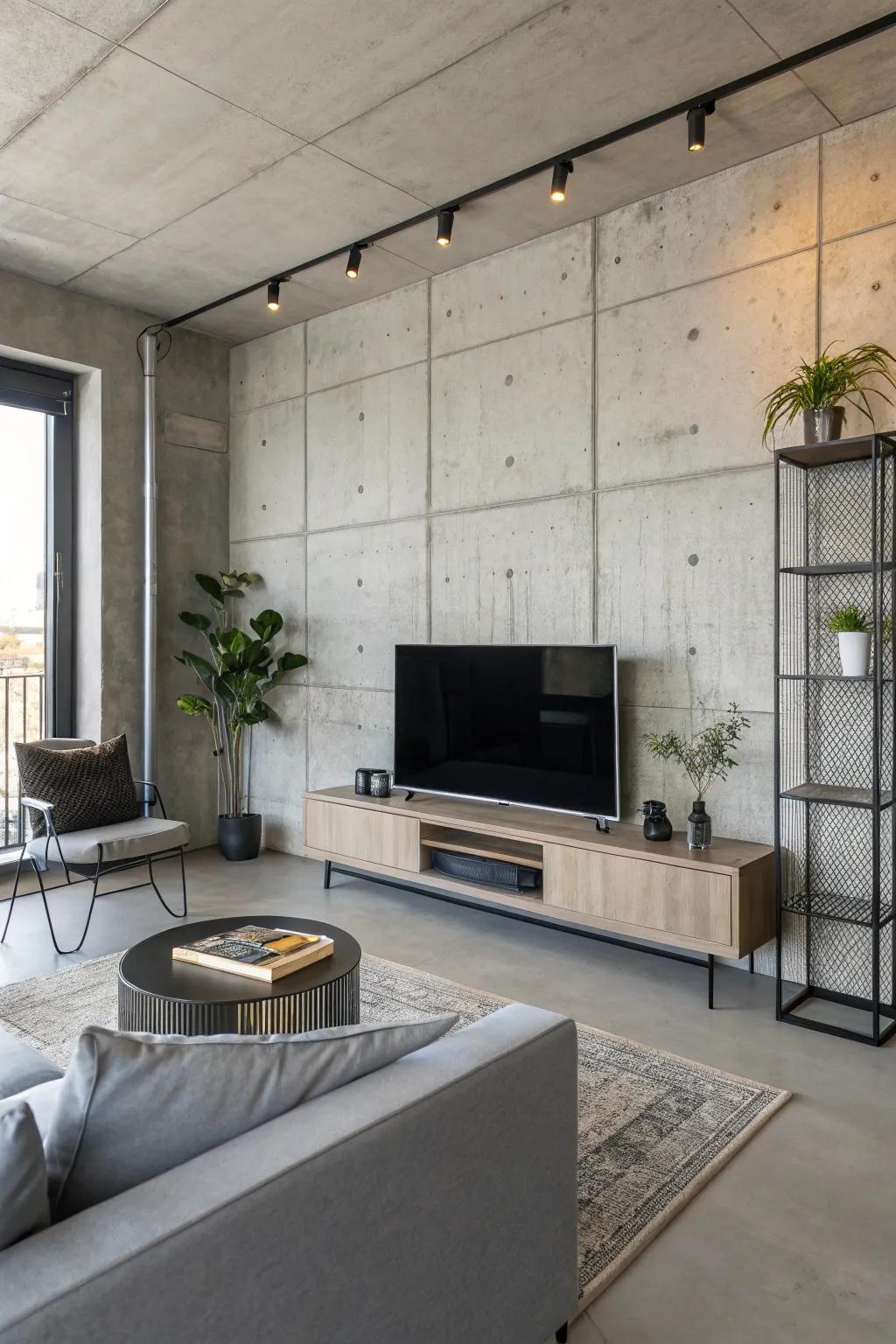 Rendered surface adds an industrial edge to the TV area.