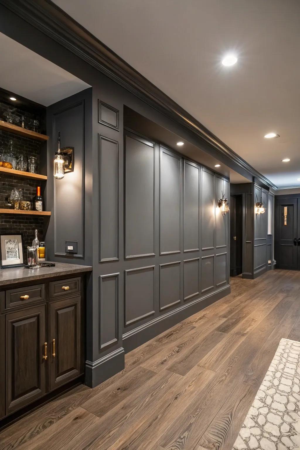 Brooding graphite fashion a sleek and sophisticated basement setting.
