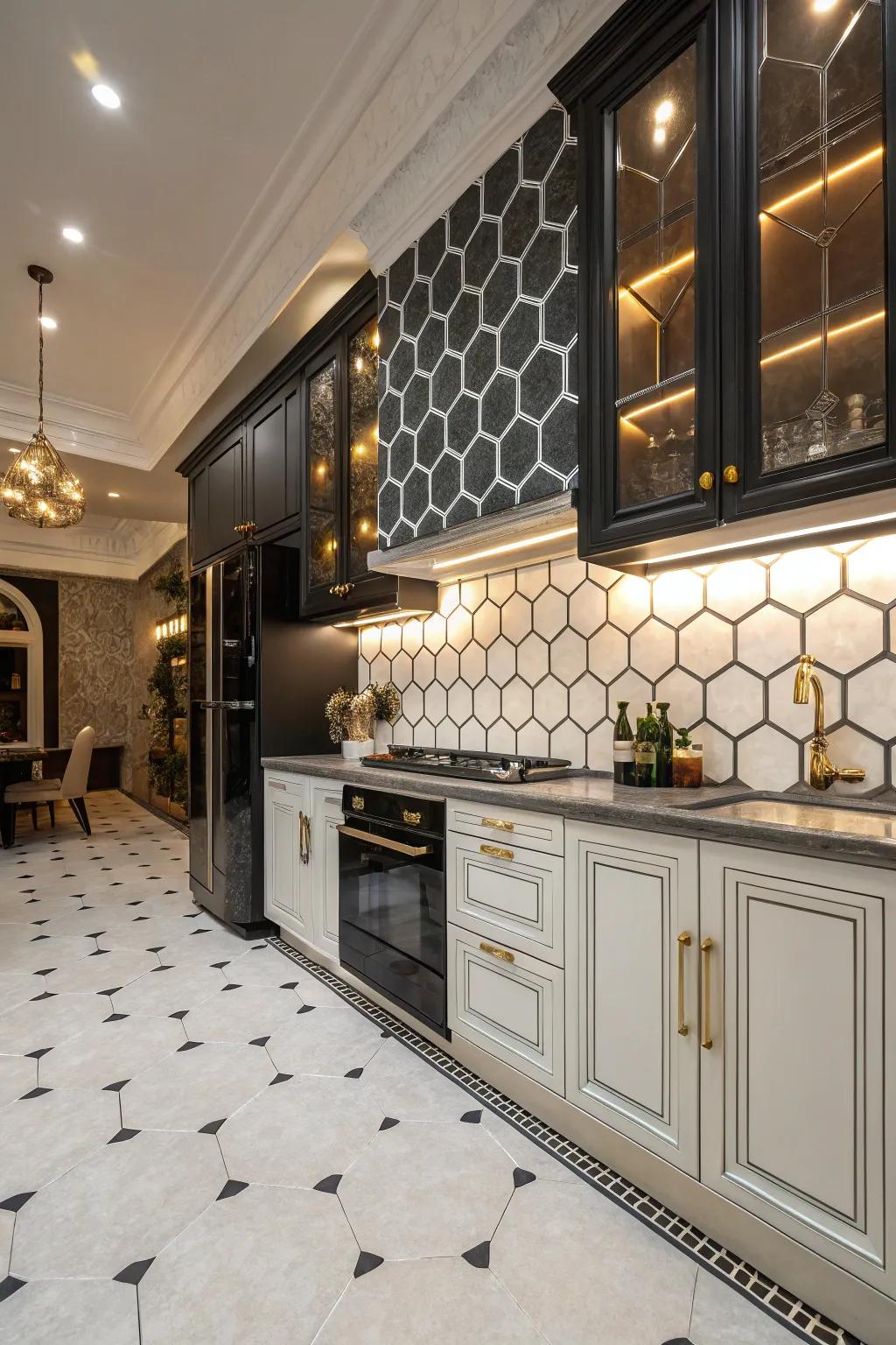 Vintage charm blends with modern design in hexagonal tiles.