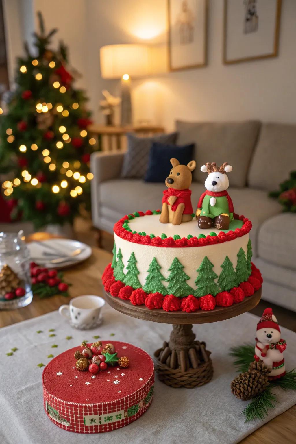 Christmas cake featuring lively festive characters
