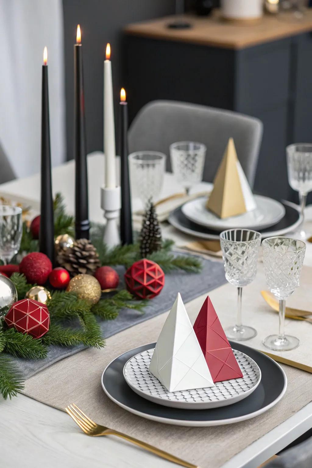 A contemporary dining table showcasing geometric ornaments paired with minimalist tableware.
