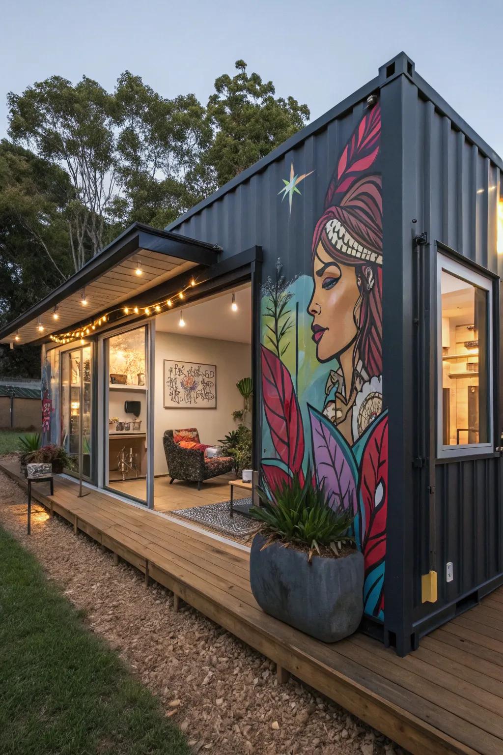 A modular home showcasing distinctive individualized design components and custom artwork.
