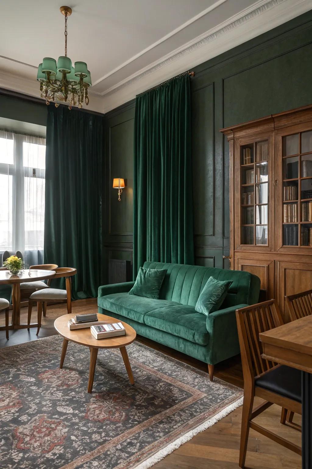 Wooden elements pair beautifully with dark green for a balanced look.