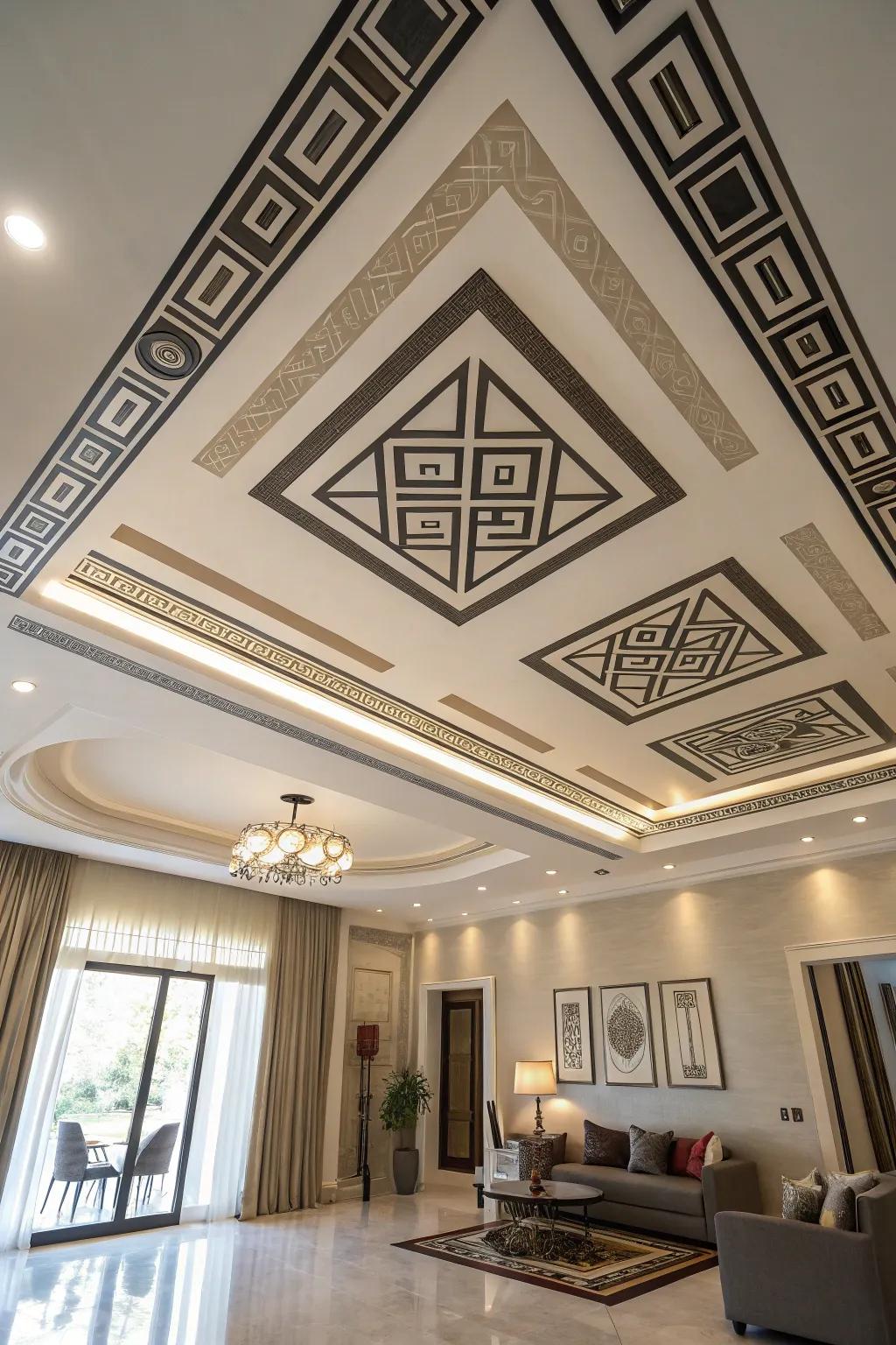 Geometric patterns transform ceilings into declarative showpieces.