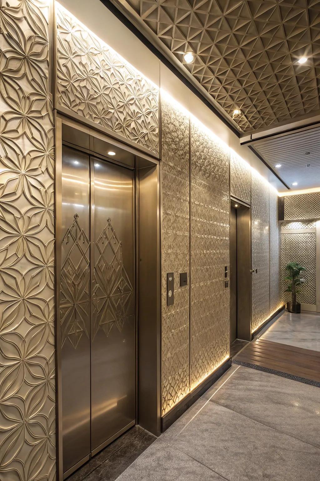 An elevator space featuring three-dimensional textured walls with geometric patterns, creating an artistic ambiance.