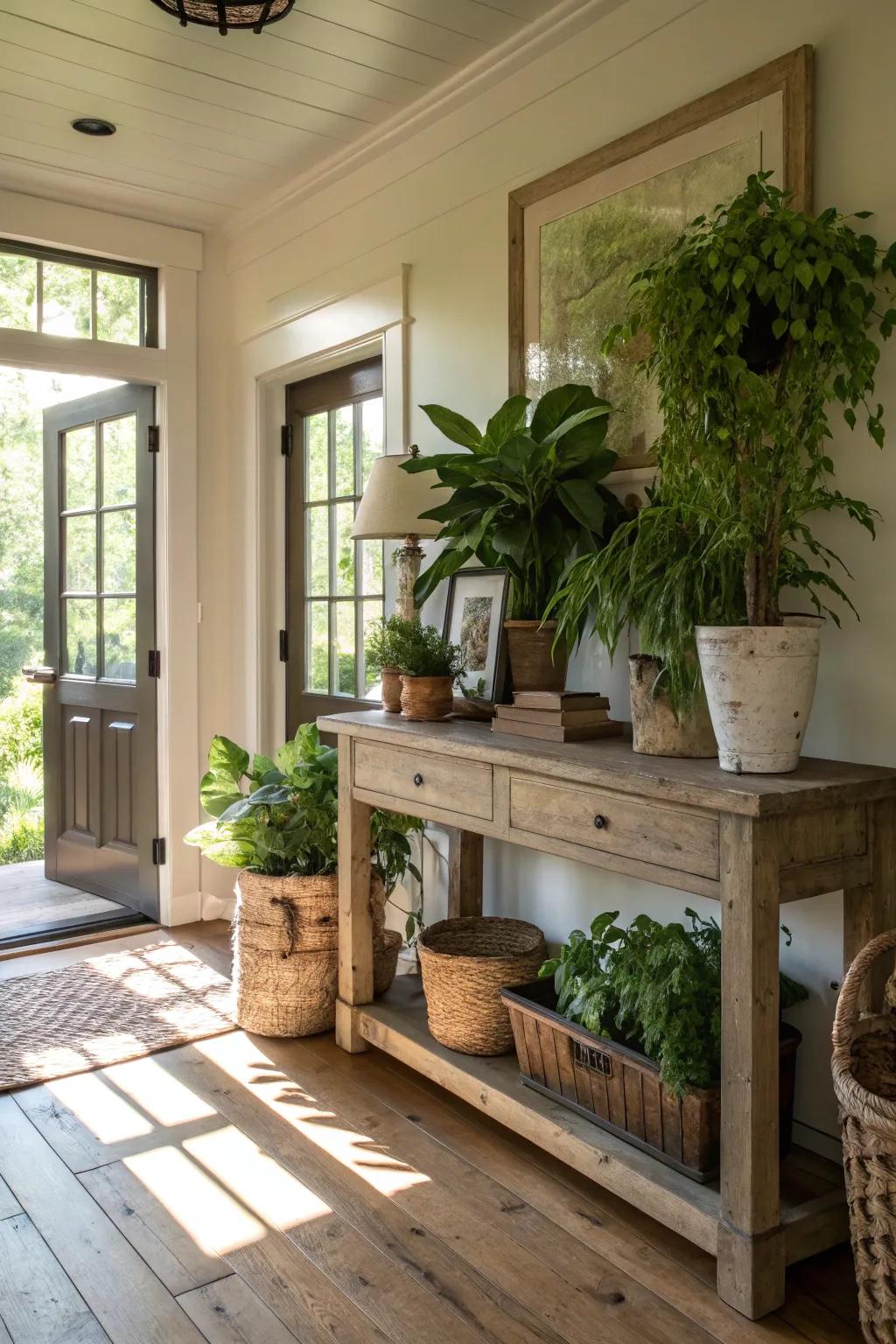 Foliage breathes vitality into this farmhouse entryway.
