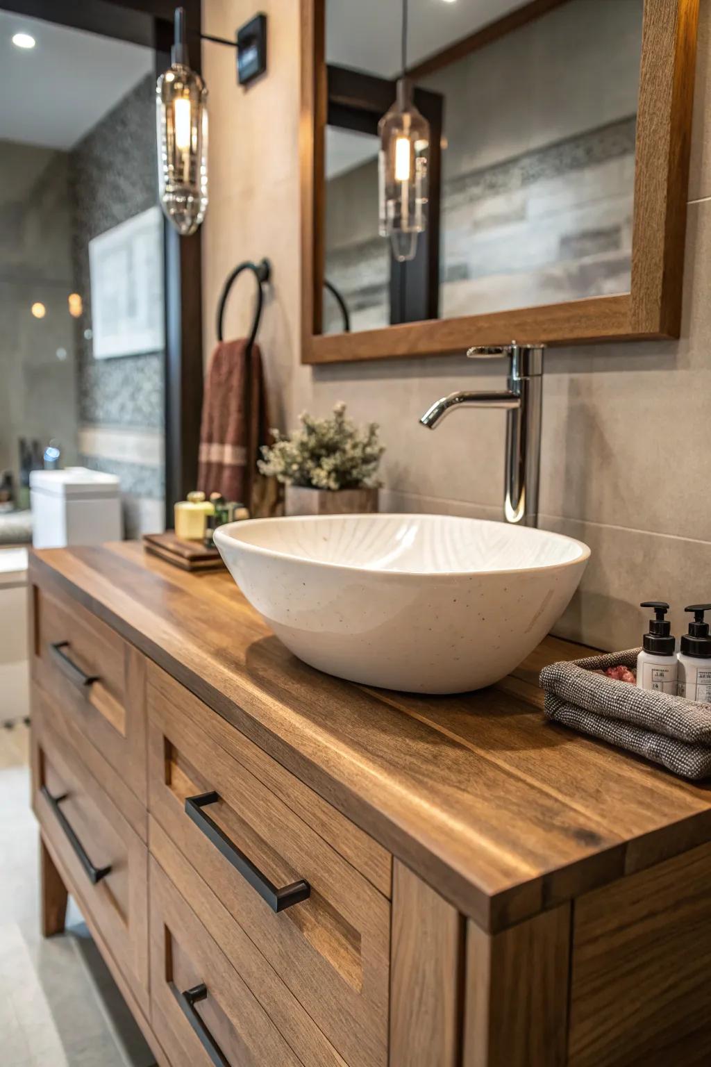 A chic vessel sink enhances a powder room featuring rich wood accents.