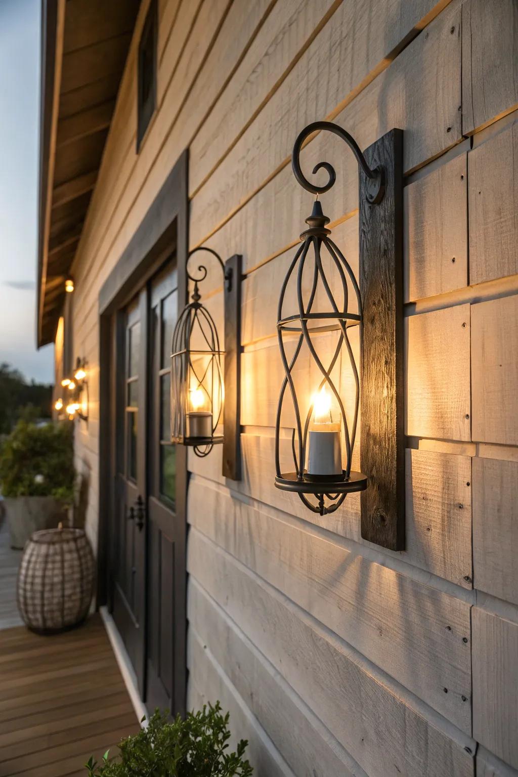 Metallic wall lights casting a warm glow on a farmhouse wall.