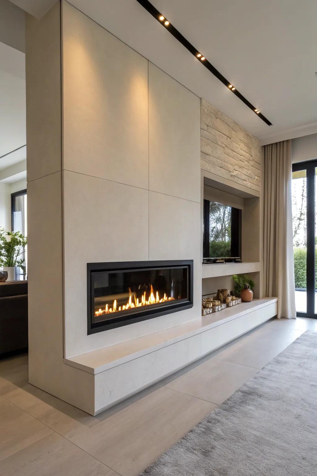 Borderless fireplace smoothly integrated in a contemporary space.