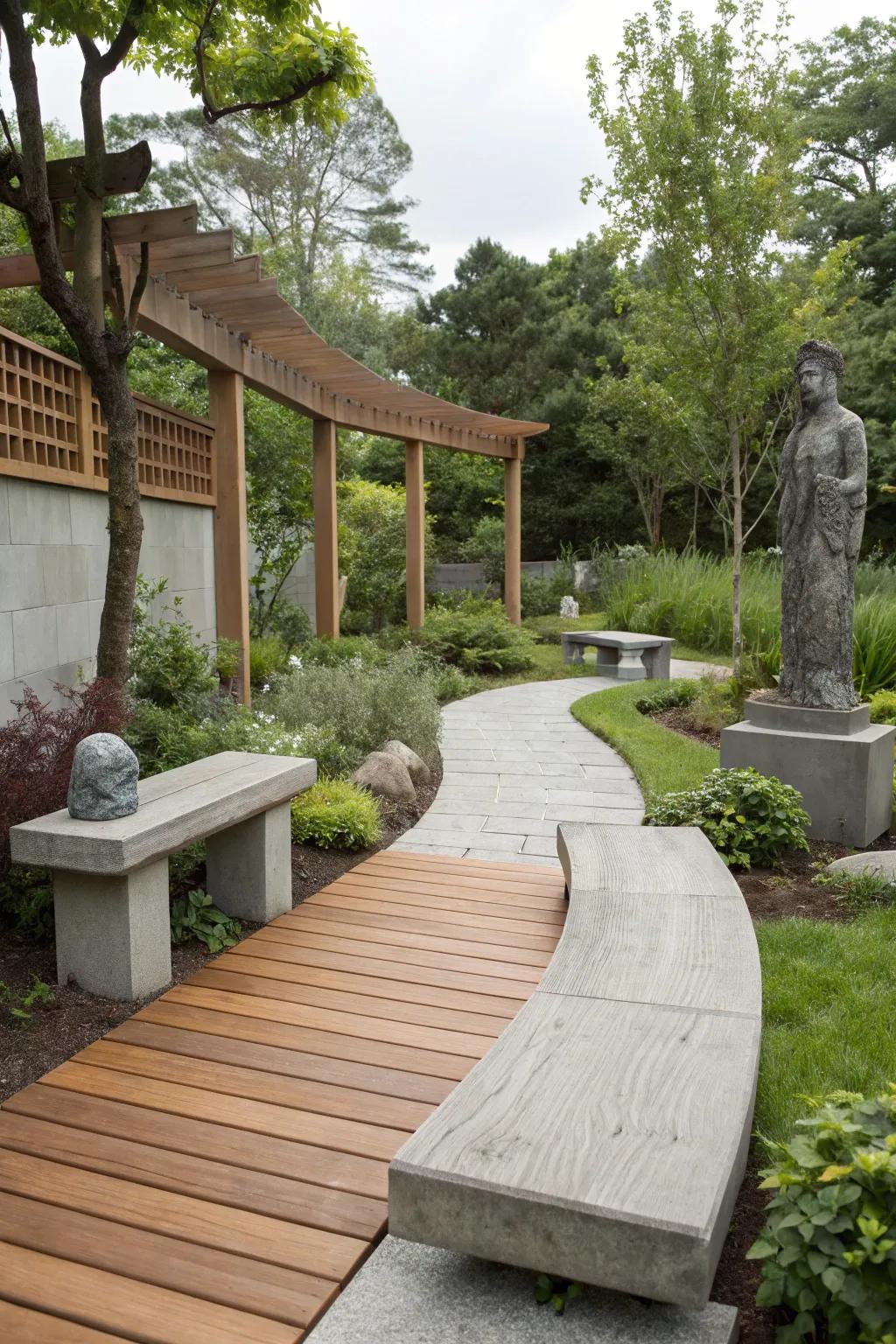 An assortment of materials introduces both diversity and tactile richness to a contemporary garden.
