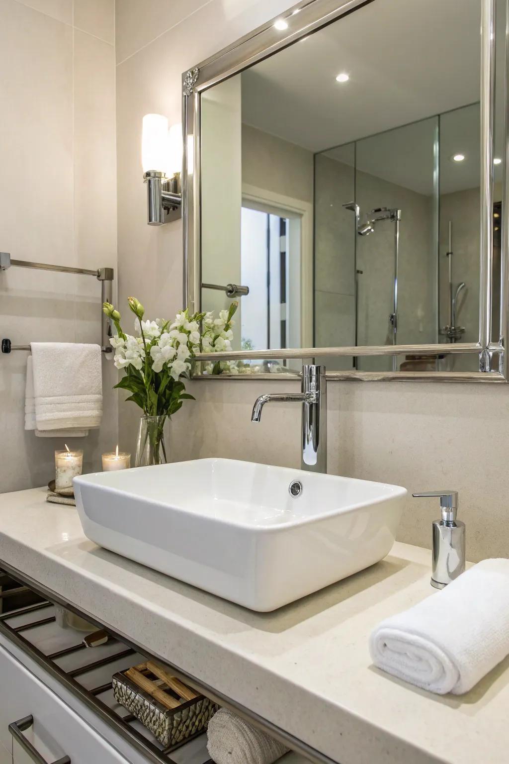 Sleek fixtures contribute a contemporary note to any gray and white bathroom design.