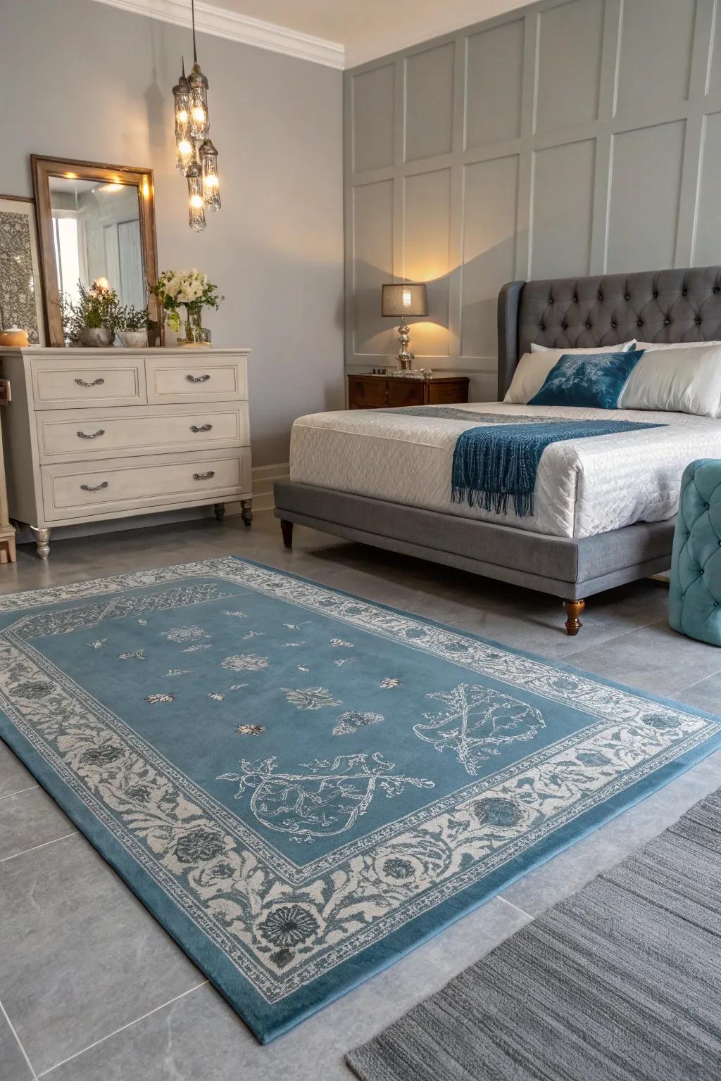 An azure rug atop grey hardwood infuses warmth and class into your bedroom.