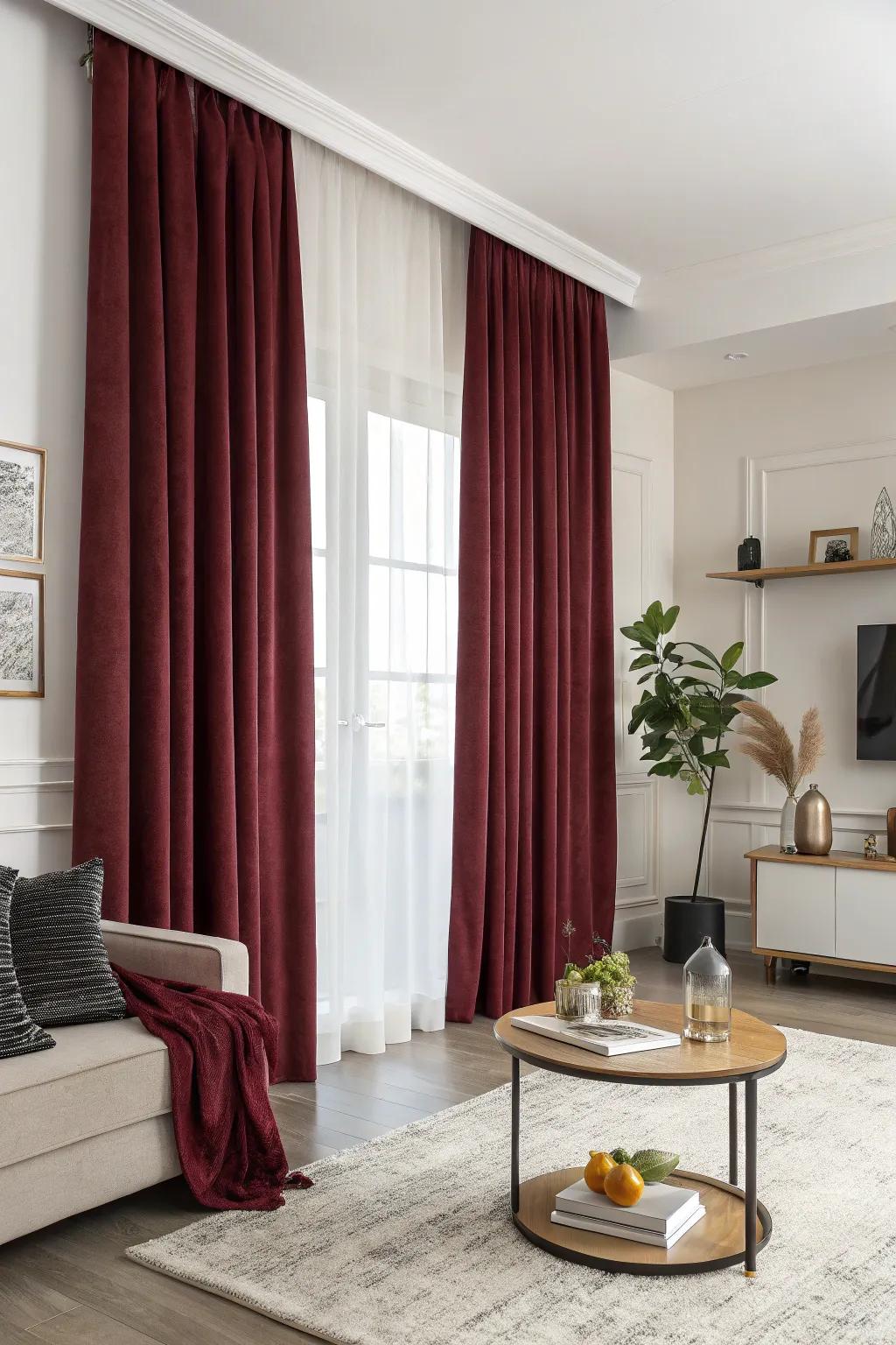 Living room setting with burgundy curtains and contemporary minimalist decorations.
