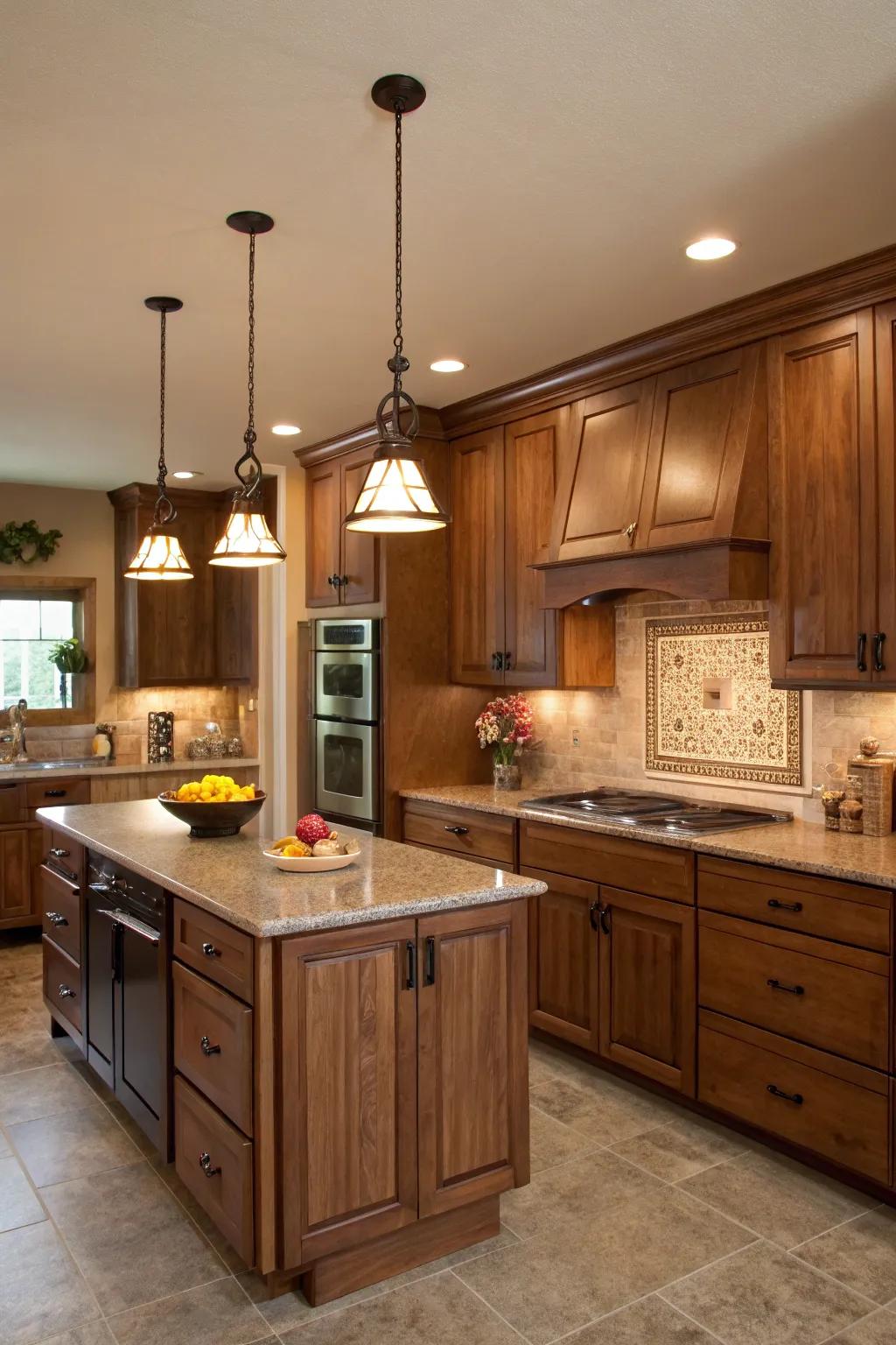 Planned illumination emphasizes the sophistication of walnut-toned fittings.