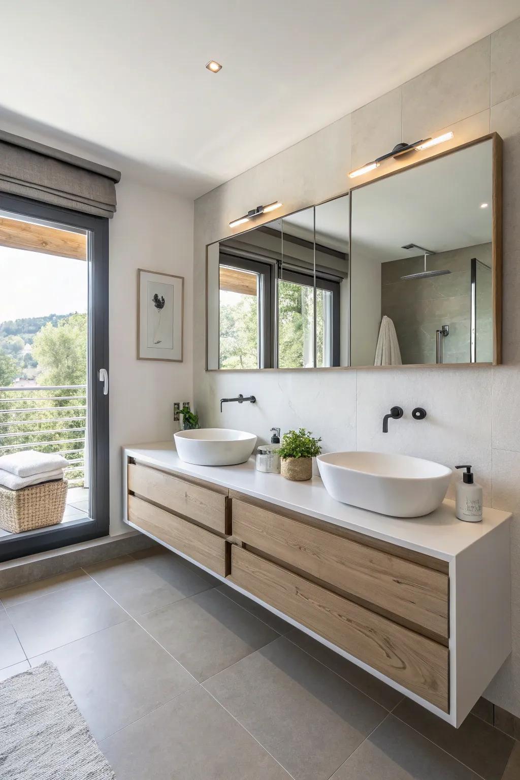 Hovering washstands augment a spacious, contemporary visual.
