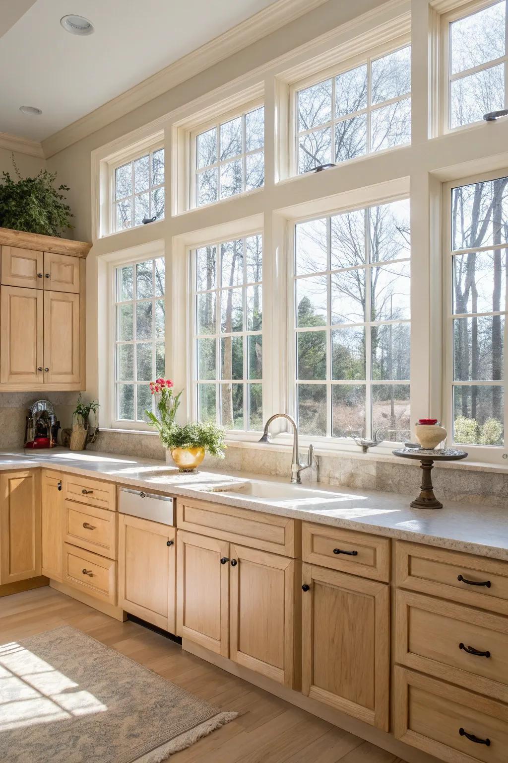 Natural light enhances the airy atmosphere of a kitchen featuring pale maple cabinets.