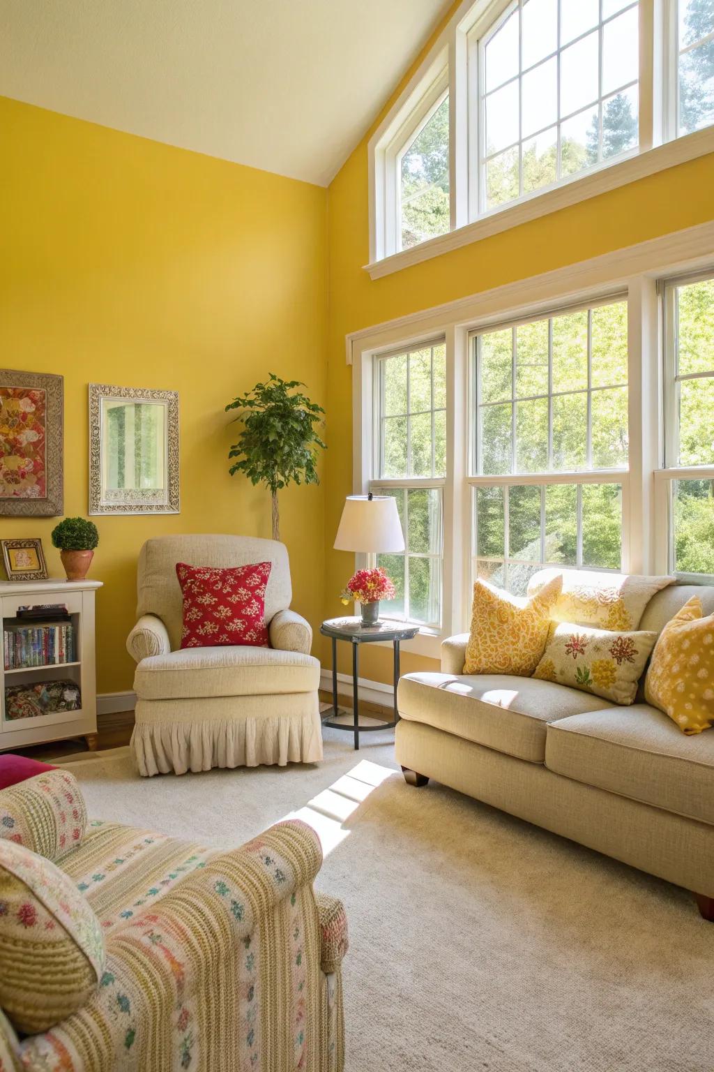 Walls in sunny yellow fill this living space with warmth and cheer.