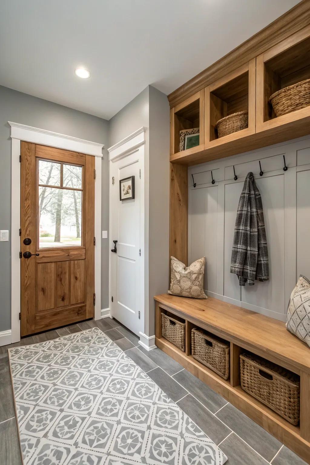 A tranquil, neutral palette establishes a serene atmosphere within the mudroom.