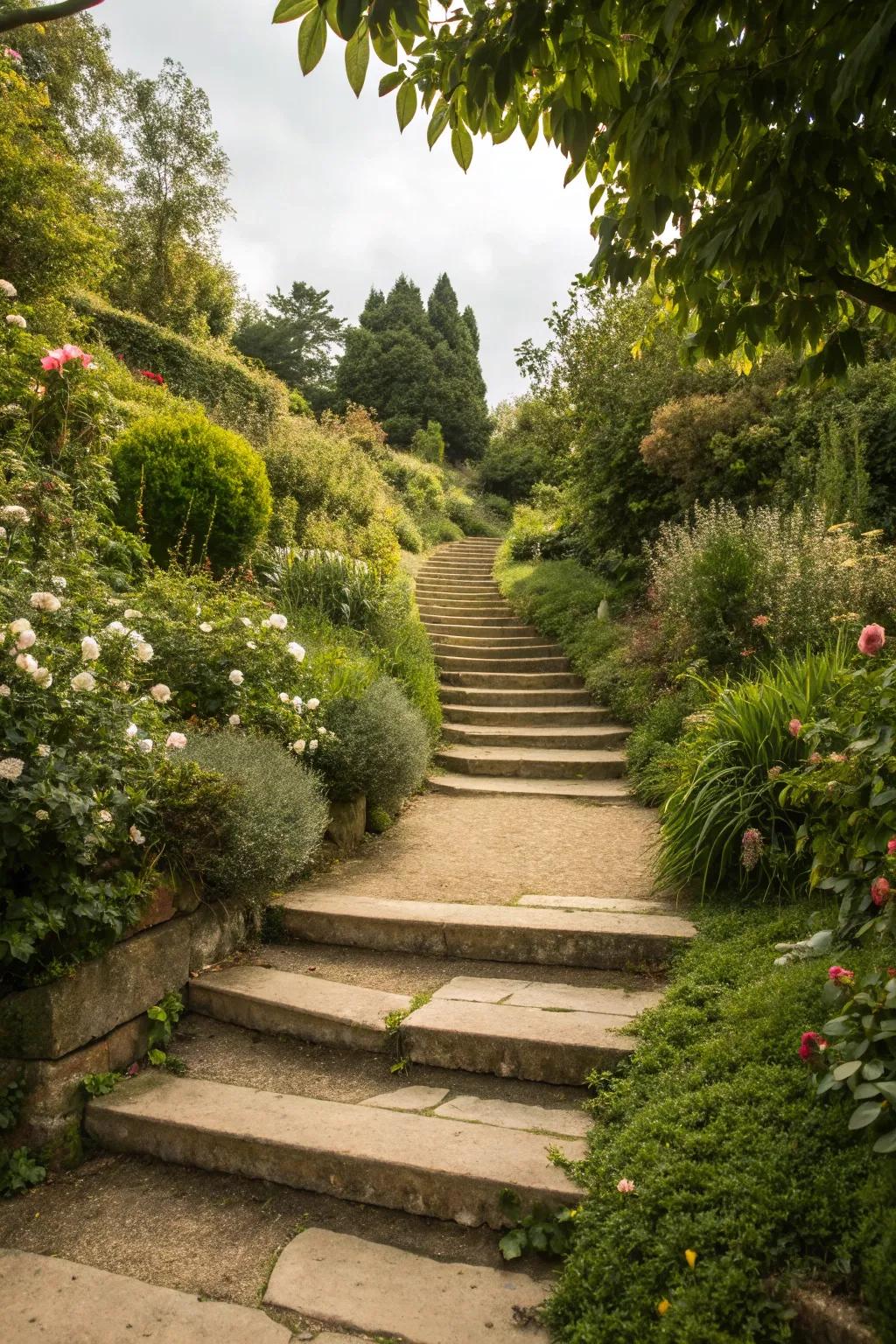 A garden walkway designed with multiple heights, introducing depth and fascination.