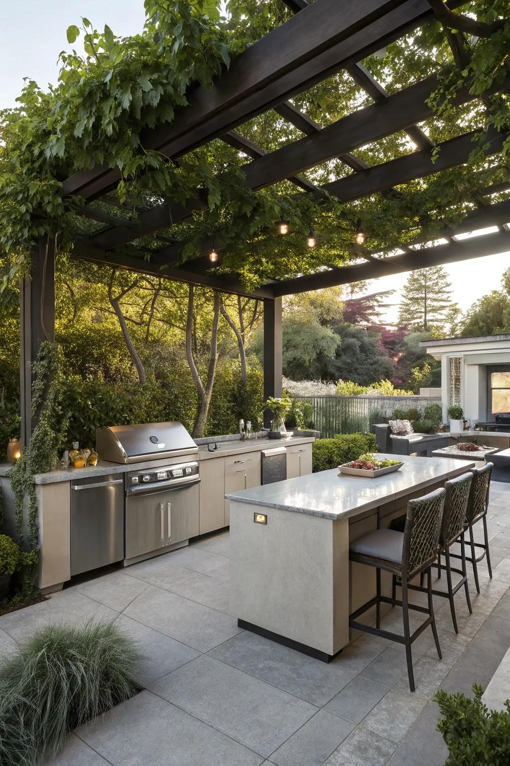 A pergola offering shade and style to an elegant outdoor kitchen.