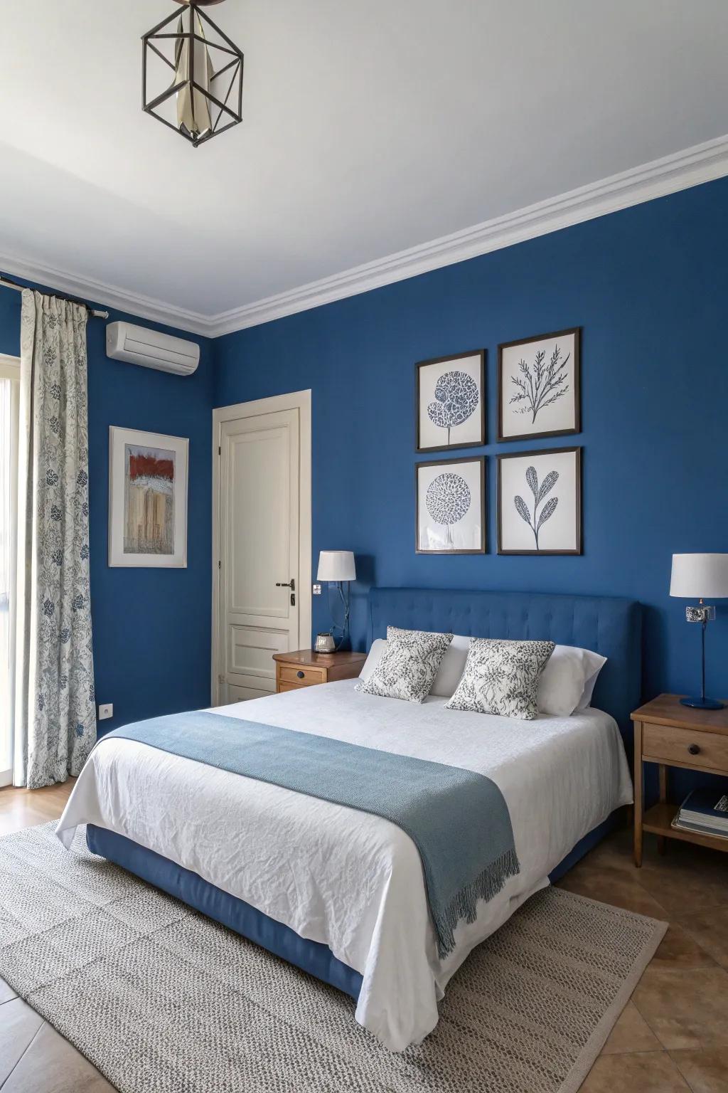Minimalist art pieces complement the sapphire blue theme, adding elegance.