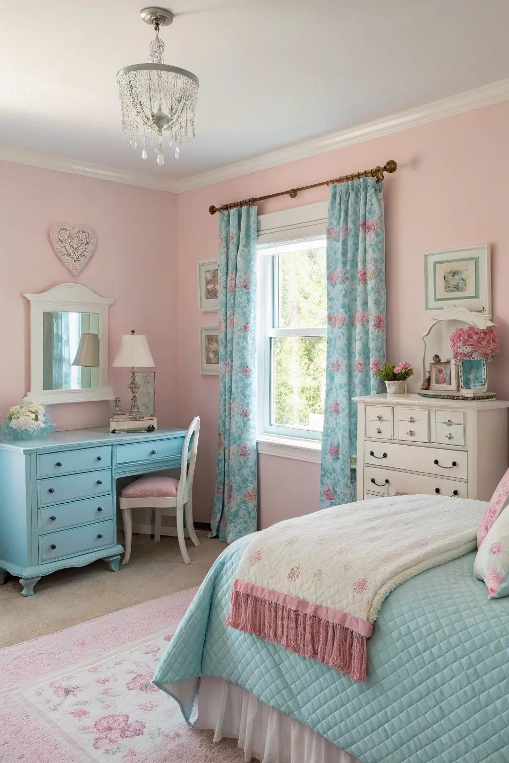 Soft tones introduce color while maintaining the serene essence of a shabby chic bedroom.